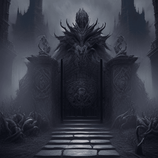 AI generated: Hyper realistic photo of a Bloodborne Hunter standing before a massive, ominous gate adorned with in...