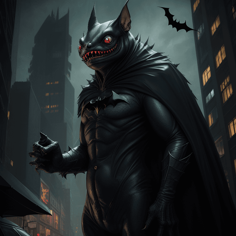 AI generated: haunting alien creature that looks like a monstrous giant shrew with many fangs, with batman costume...