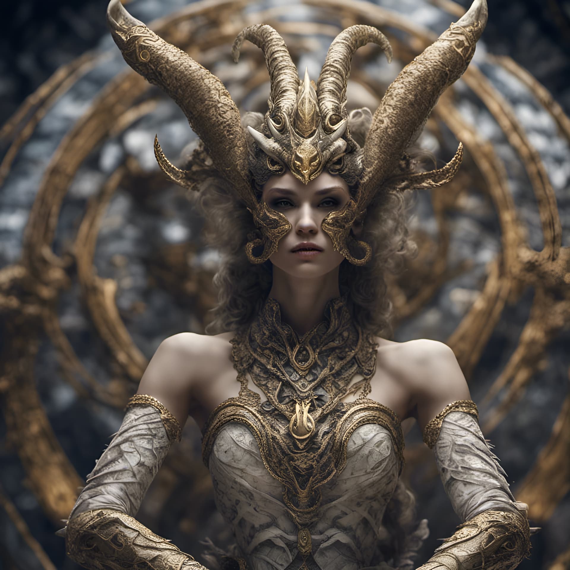 AI generated: magnificent detailed Troll, outstretched with gold horns, intricate ornate marble and bone interwove...
