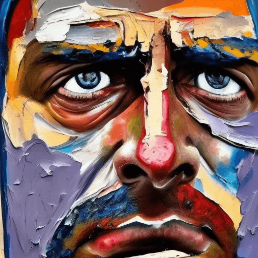 AI generated: painting of sad man face, eyes are teary, holding face, pallet knife painted, thick textured, thick ...