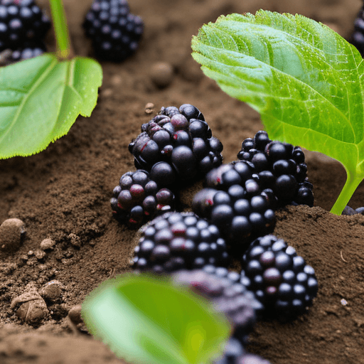 AI generated: High resolution image of a blackberry bramble. show a few canes growing out of the dirt. The backgro...