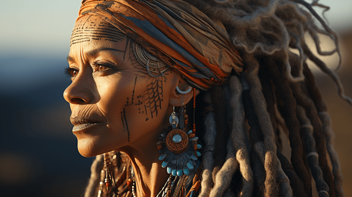 AI generated: half profile shot, a cute hot african mature woman tribe habesha in african plains, black skinned st...