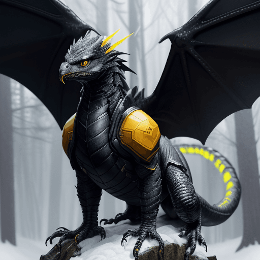 AI generated: handsome cute black dragon in snowy forest, wearing cyberpunk Captain america jacket yellow, dnd cha...