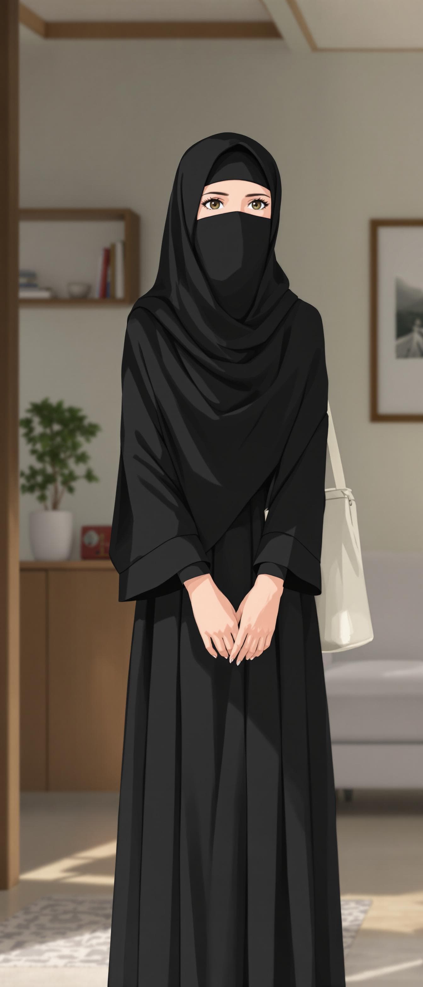 AI generated: anime of a girl, wearing a black hijab with the covering face like a Arabian woman in black clothes,...