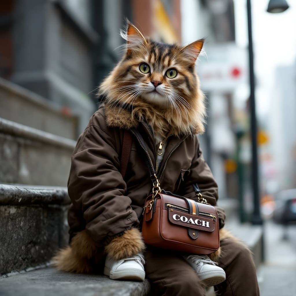 AI generated: anthropomorphic, a cat named ”street style KOL kitty” wearing dark brown flight jacket, and white sn...