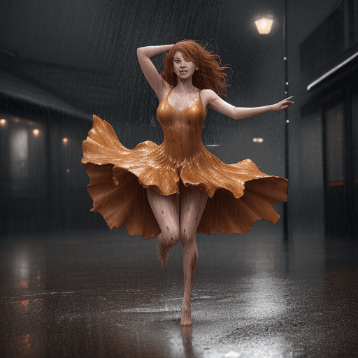 AI generated:  full body,A beautiful lady dancing in heavy rain, face and body are wet, messy auburn hair  32k UHD...