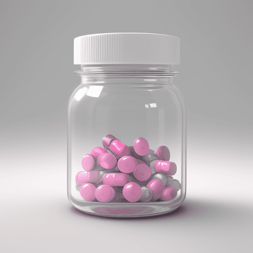 AI generated: ultra-realistic bottle full of pink pills, with a white and silver label, there is brand called Hyal...
