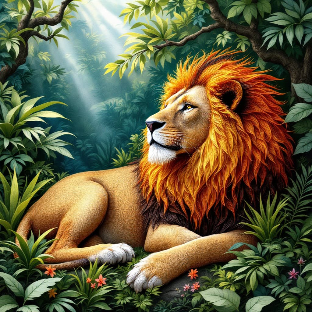 AI generated: A stunning quilling art piece depicting a magnificent lion resting in the jungle. The lion's mane is...