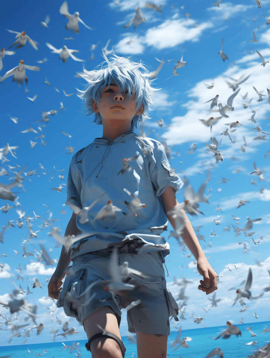 AI generated: A boy with blue hair, wearing a technologically advanced suit that can change its appearance, runnin...