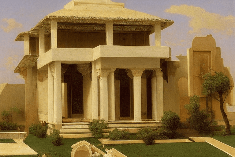 AI generated: small villa, Persian architecture style, cubic architecture, Bauhaus style mix to Islamic architectu...