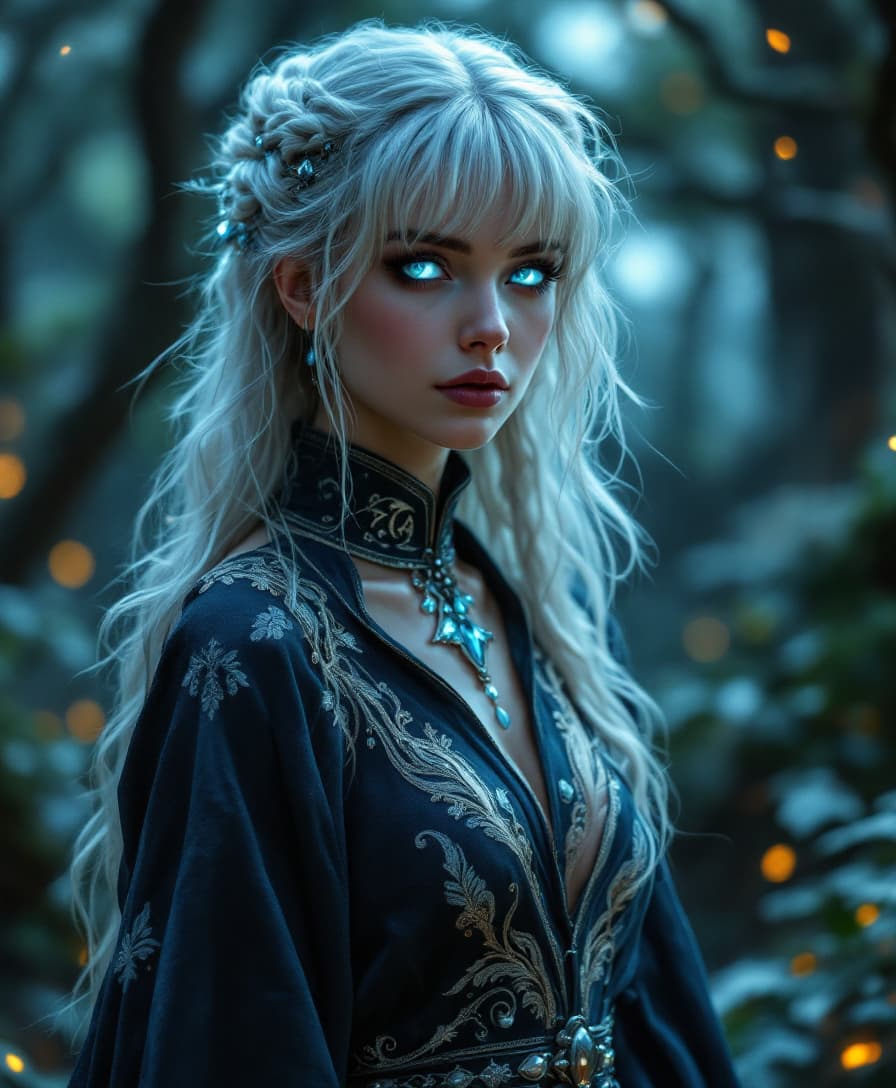 AI generated: Ultra-photorealistic cinematic full body view of a mystical and powerful sorceress standing in a glo...