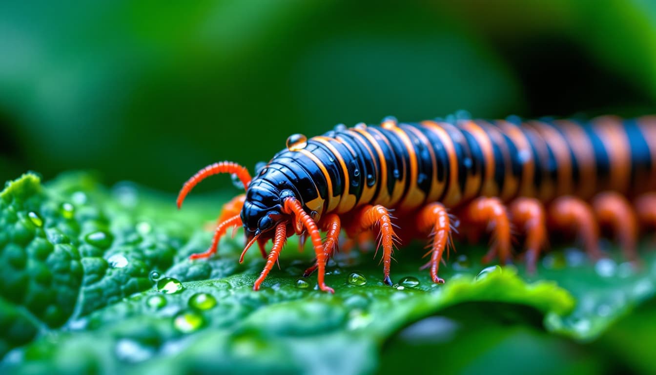 AI generated: A vibrant large Centipede resting on a lush green leaf, adorned with glistening  water  droplets, ca...