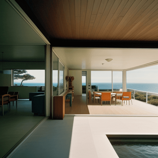 AI generated: Hyper realistic eye level exterior photo of a mid century modern style house overlooking the ocean, ...