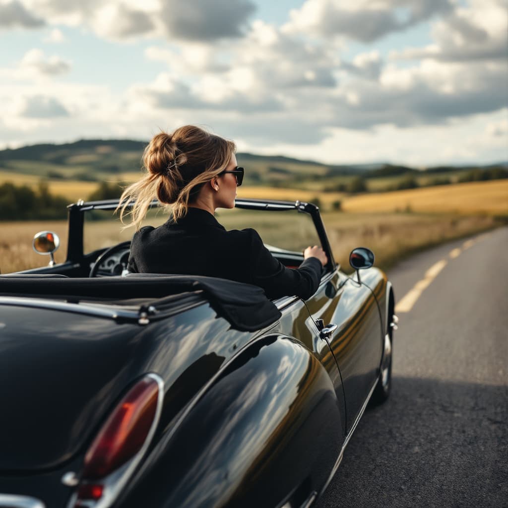 AI generated: gorgeous lady driving ,the Citroën DS 19 black Convertible, in the countryside, 