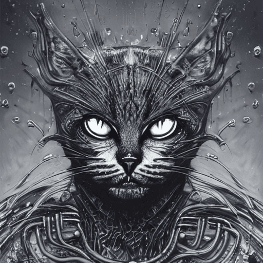 AI generated: octrender, 8k, hyperreal, hr giger angry cat  with Dripping gloss particle explosion, extremely deta...
