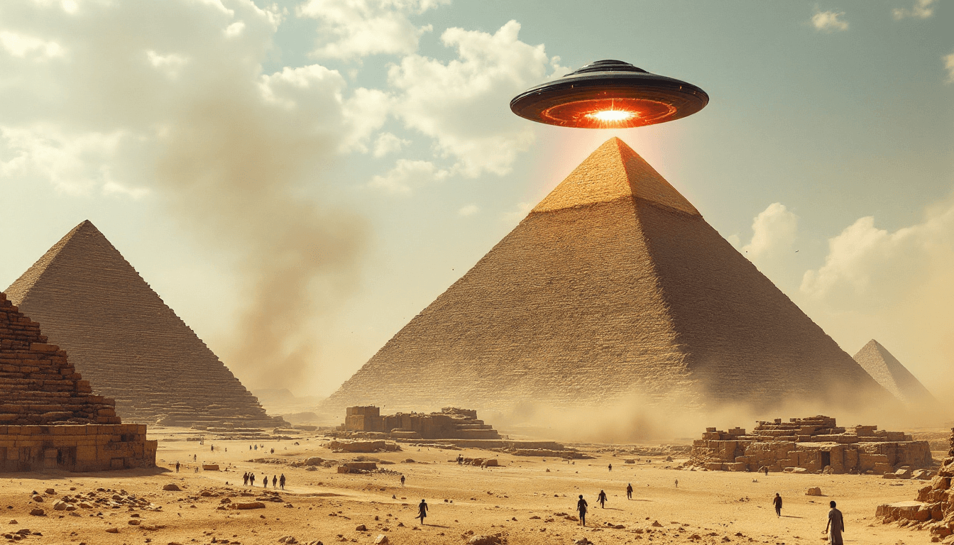 AI generated: An (8K) (photorealistic) (masterpiece) image of a thin black UFO covering above the great Pyramids o...