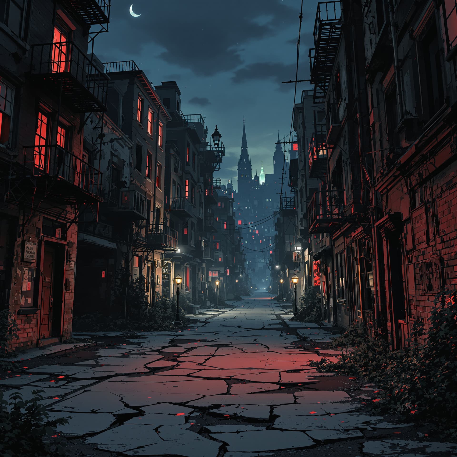 AI generated: front view of A deserted destroyed abandoned urban anime ghetto neighborhood really run down abandon...