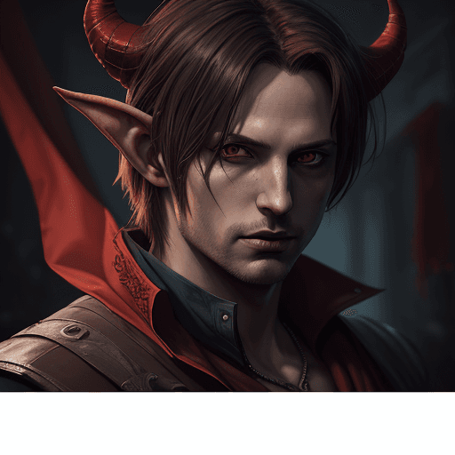 AI generated: painting of a Leon S Kennedy with horns and a red cape, tiefling, portrait of demon Leon, tiefling f...