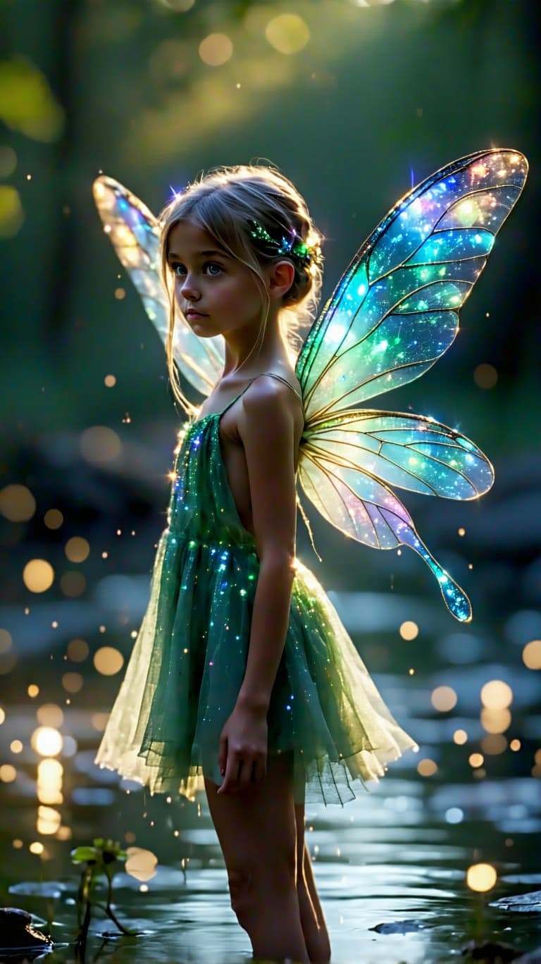AI generated: A professional photo of a realistic of a Fairy  tween (full Body) with shimmering dragonfly wings, c...
