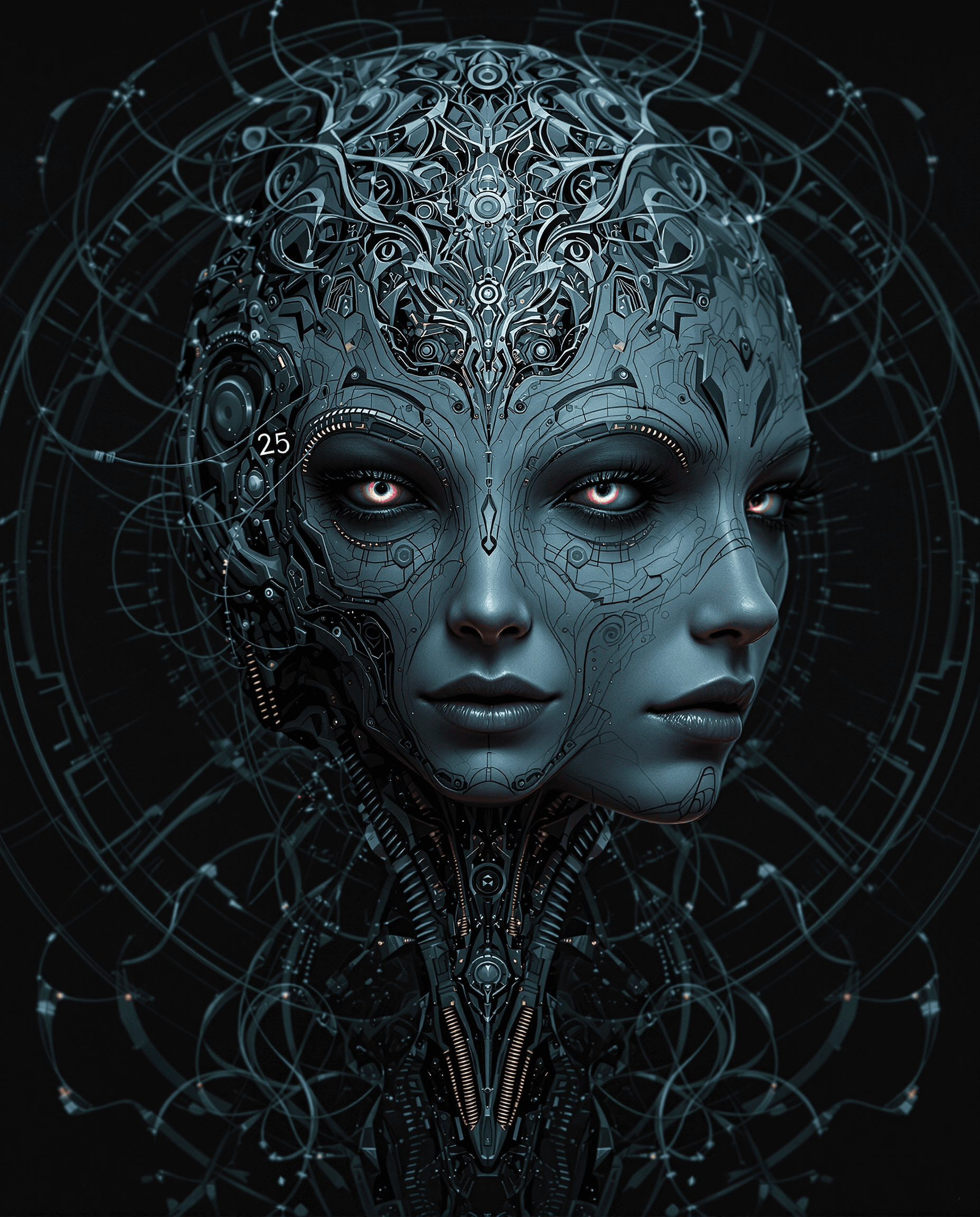 AI generated: alien cyborg, in the style of balanced symmetry, detailed facial features, meticulous portraiture, c...