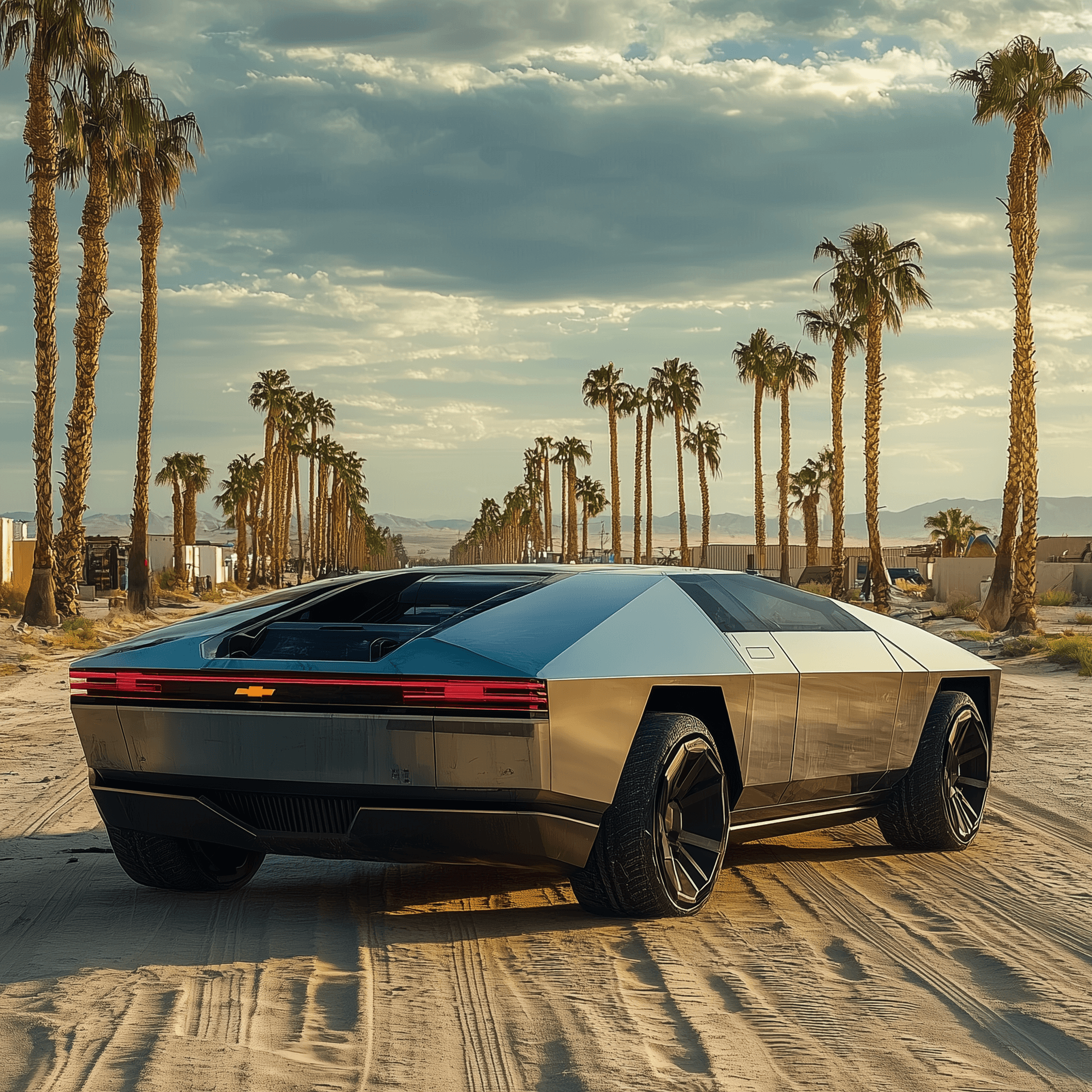 AI generated: Silverado, chevy, pickup, truck, Cyberpunk 2077, concept, future, wide angle shot --chaos 85 --styli...