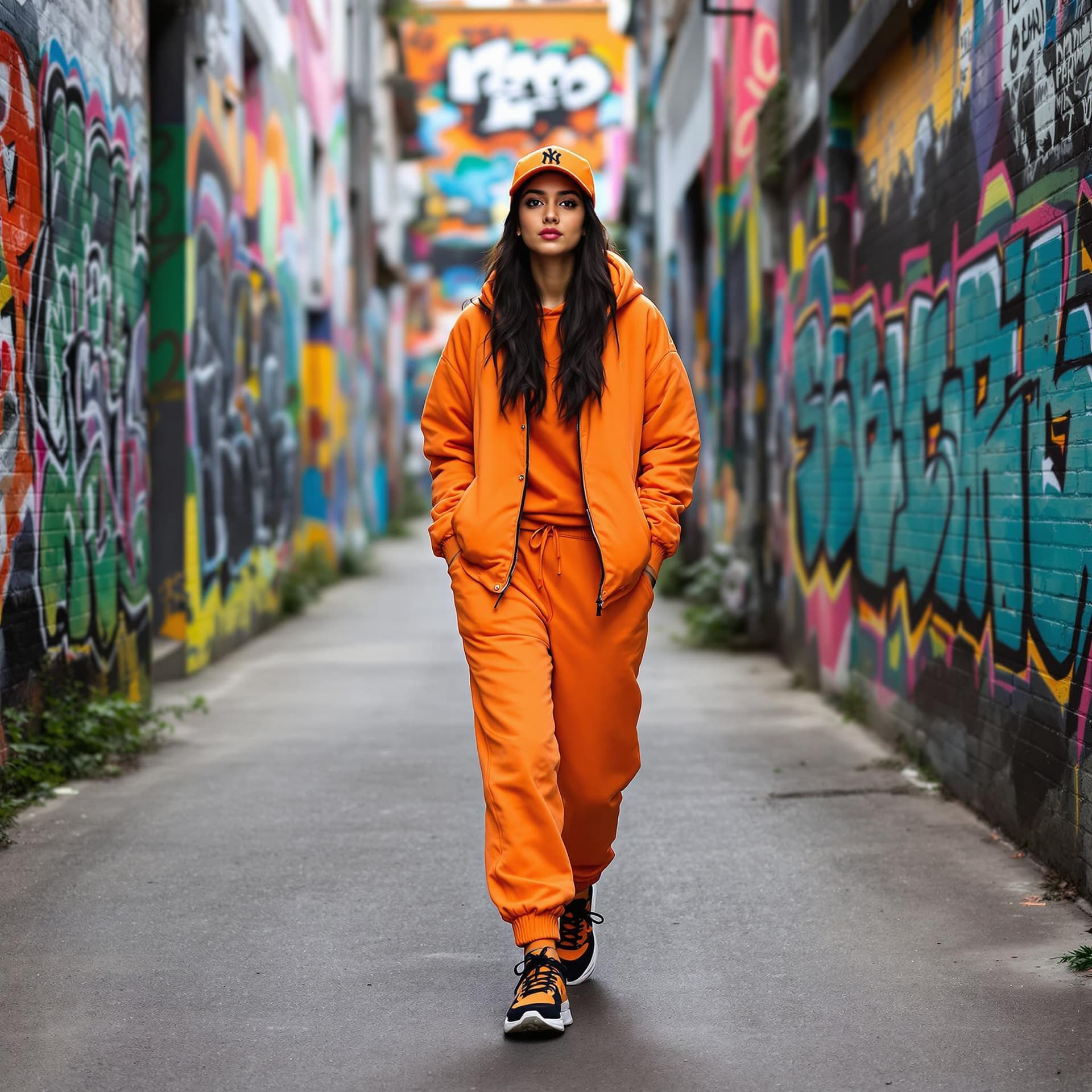AI generated: A young Indian woman in a vibrant orange outfit, including a hooded bomber jacket, jogger pants, and...