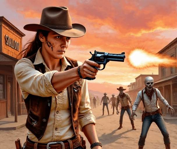 AI generated: A dramatic Western scene in a painterly style. A heroic cowgirl in the foreground is firing her revo...