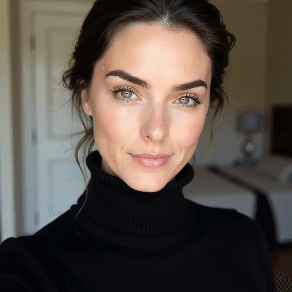 AI generated: A close-up selfie of a person with light to medium skin, dark eyebrows, and light-colored eyes (poss...