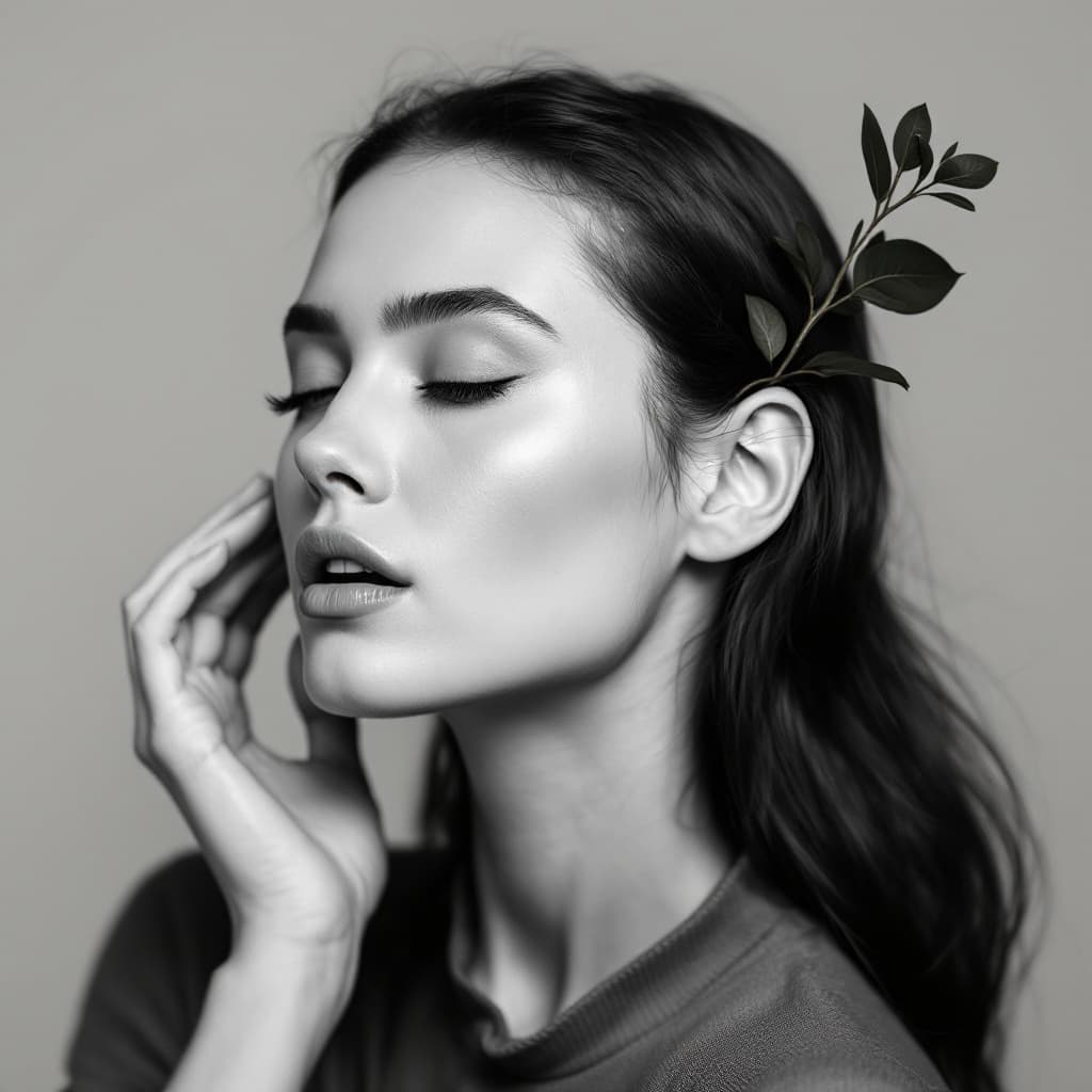 AI generated: A photo model with a small branch growing out of her ear.