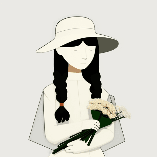 AI generated: A flat illustration of a girl wearing a hat and holding flowers, minimalist, warm, utilitarianism, g...