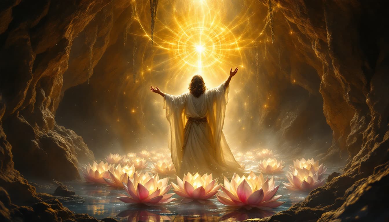 AI generated: jesus surrounded by divine light in a medieval  fantasy world in the cave in lotus flower

