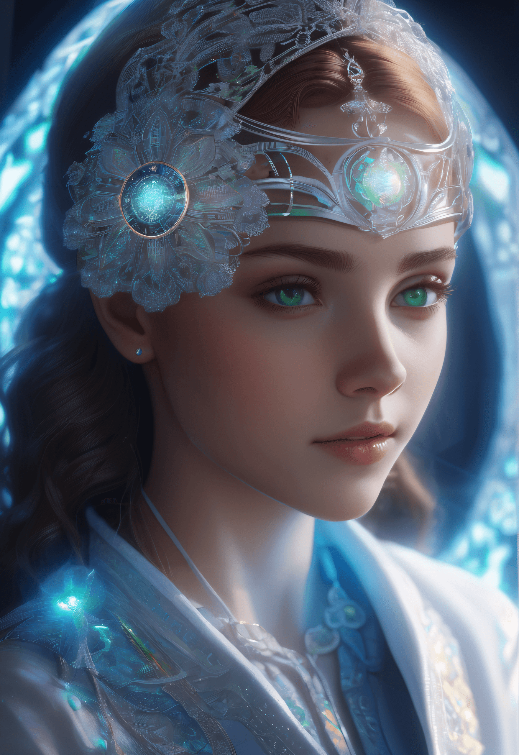 AI generated: breathtaking portrait of a teenage girl, hologram style, detailed face, pale green eyes