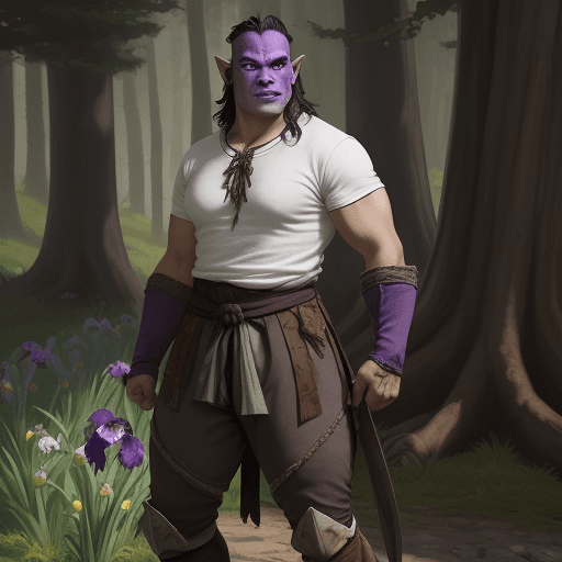 AI generated: a young adult half-orc, with purple irises, simple medieval clothes, a white semi-open T-shirt, stro...
