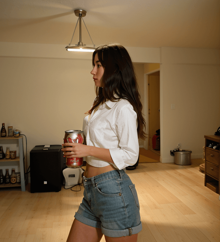 AI generated: girl standing in the middle of a room holding a can of beer