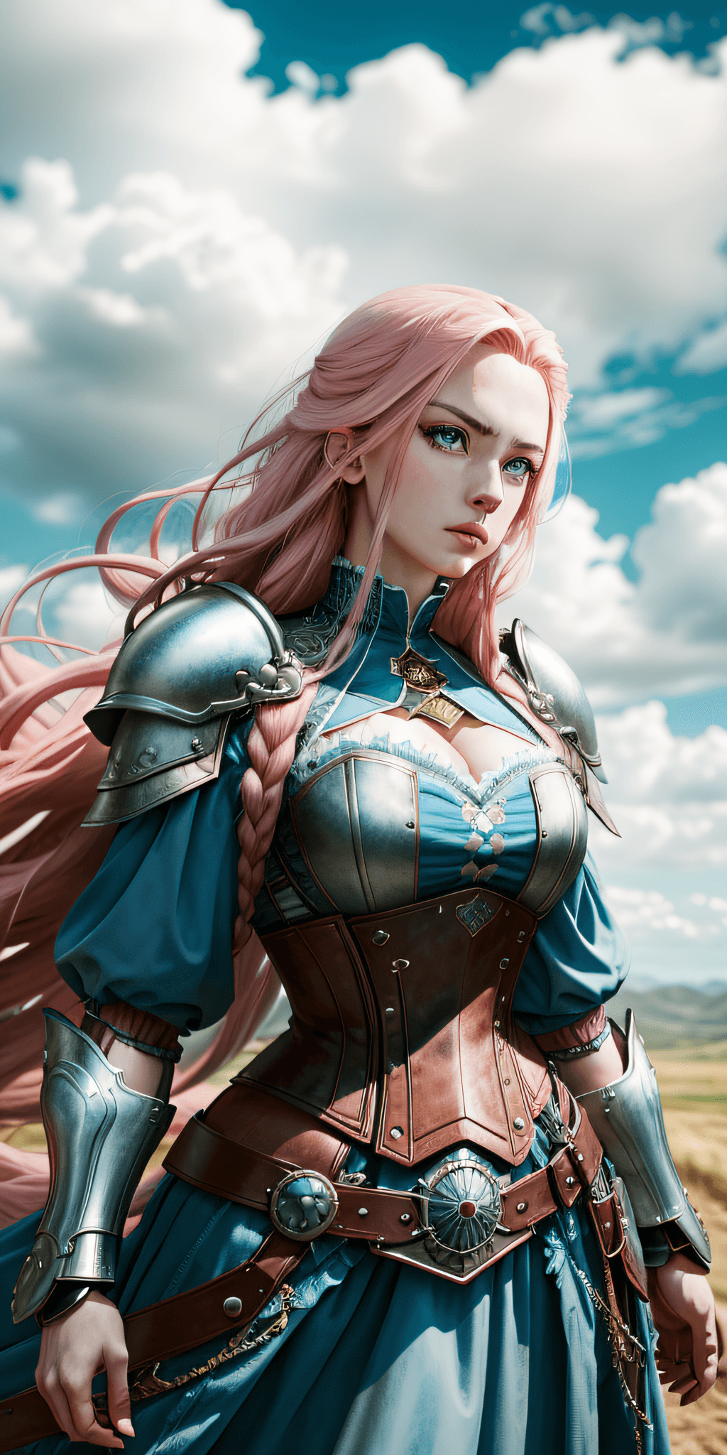 AI generated: female warrior, long pink hair, blue eyes, dynamic pose, wearing Victorian-era armor, ((background: ...