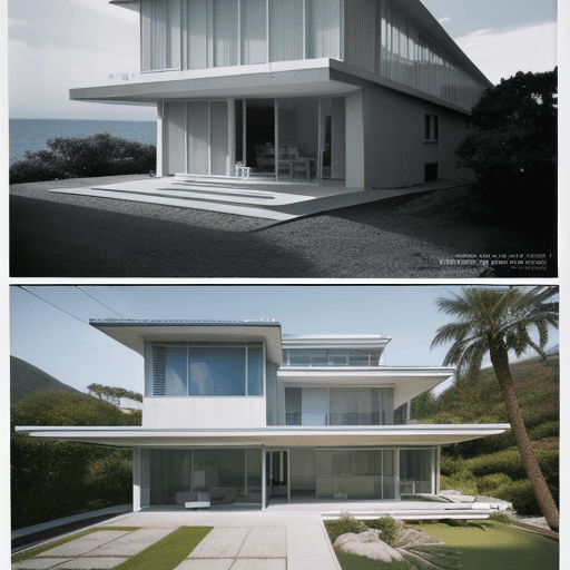 AI generated: Hyper realistic eye level exterior photo of a mid century modern style house overlooking the ocean, ...
