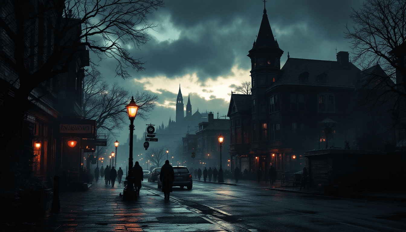 AI generated: Shadow over Innsmouth townscape, eerie atmosphere, a few of Innsmouth inhabitants on the sidewalks. ...