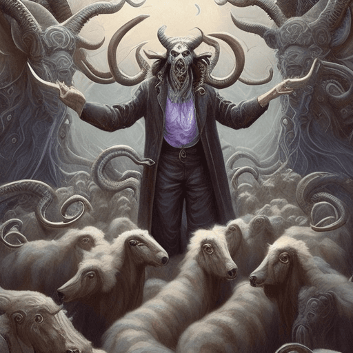 AI generated: Lovecraftian shepherd surrounded by a flock of giant lovecraftian goats. HP Lovecraft, horror, night...