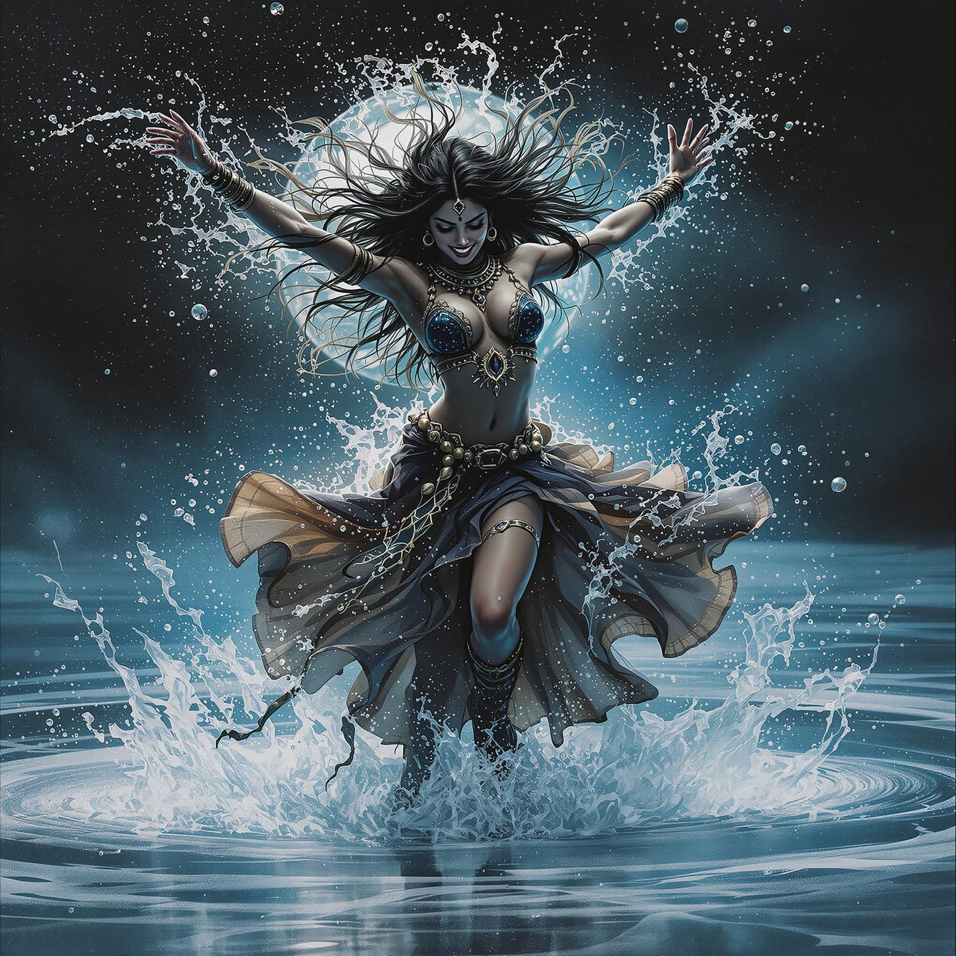 AI generated: A cheerful beautiful Indian girl, dancing, drkms,(full body:1.1), on Thin Ice,drkms, water-bender,ch...