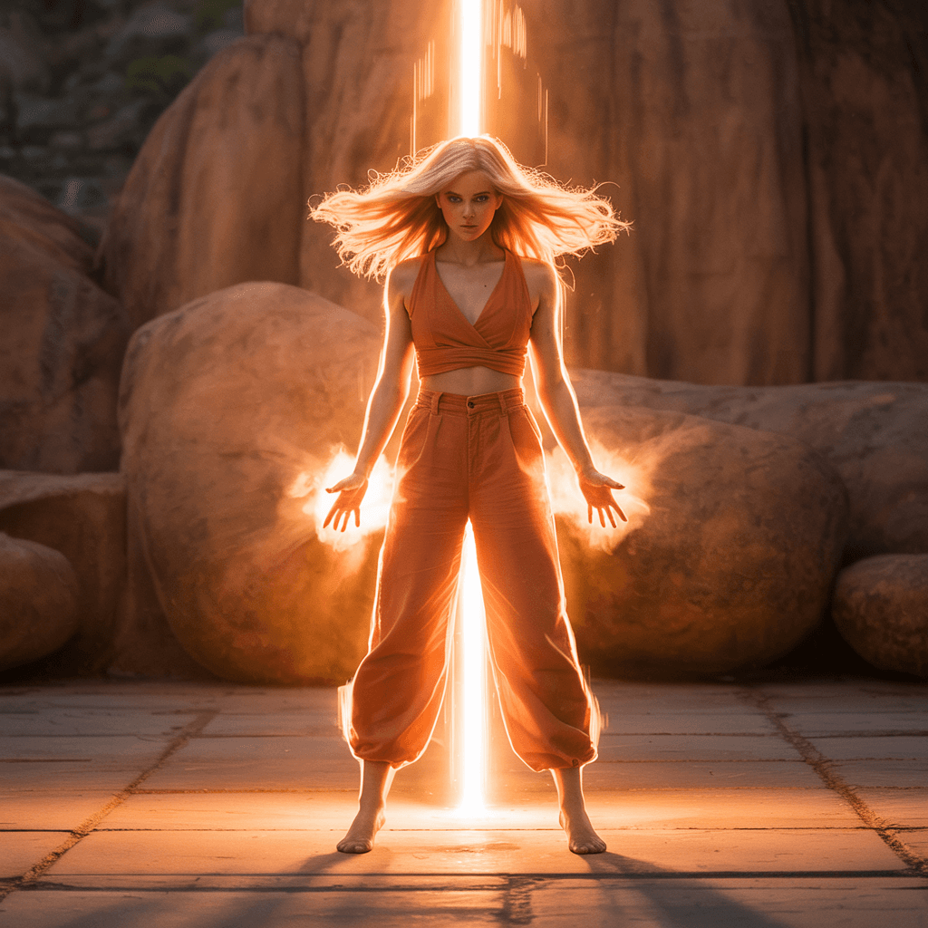 AI generated: Full body veiew of a  beautiful female samara weaving as goku, orange wear, barefoot, (((show foot))...