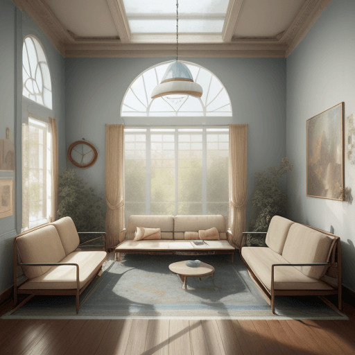 AI generated: High resolution photography interior design, dreamy sunken living room conversation pit, wooden floo...