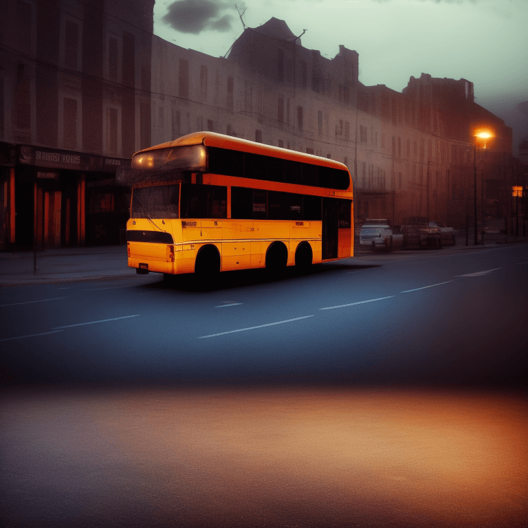 AI generated: far away view a bus parked in the street, angled, lightning night, mysterious, dusk lighting, hyperr...