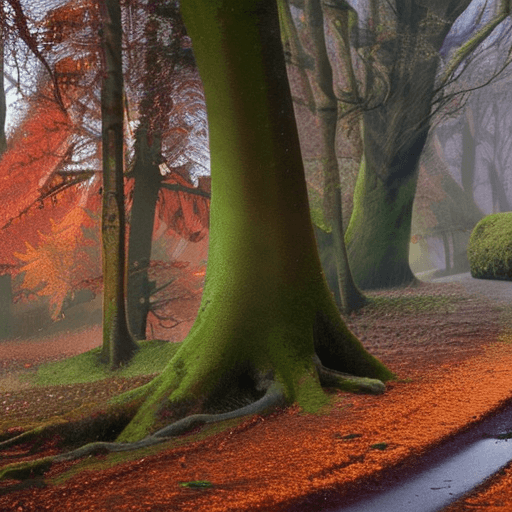 AI generated: dense fantasy forest, shafts of late aftenoon sunlight coming through the leaves of ancient trees, l...