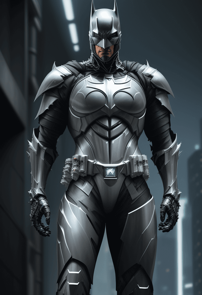 AI generated: a super high-detailed and realistic image of a cyberpunk-style knight in a silver-black batman super...
