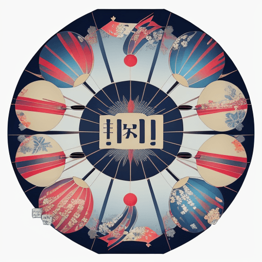 AI generated: Create a pattern with stylized depictions of Mount Fuji, a uchiwa fan, a crane, and a lantern, all d...