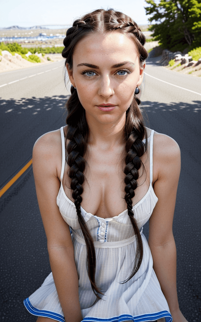AI generated: Create an image of a highly attractive woman with dark hair braided. She is wearing a white sundress...