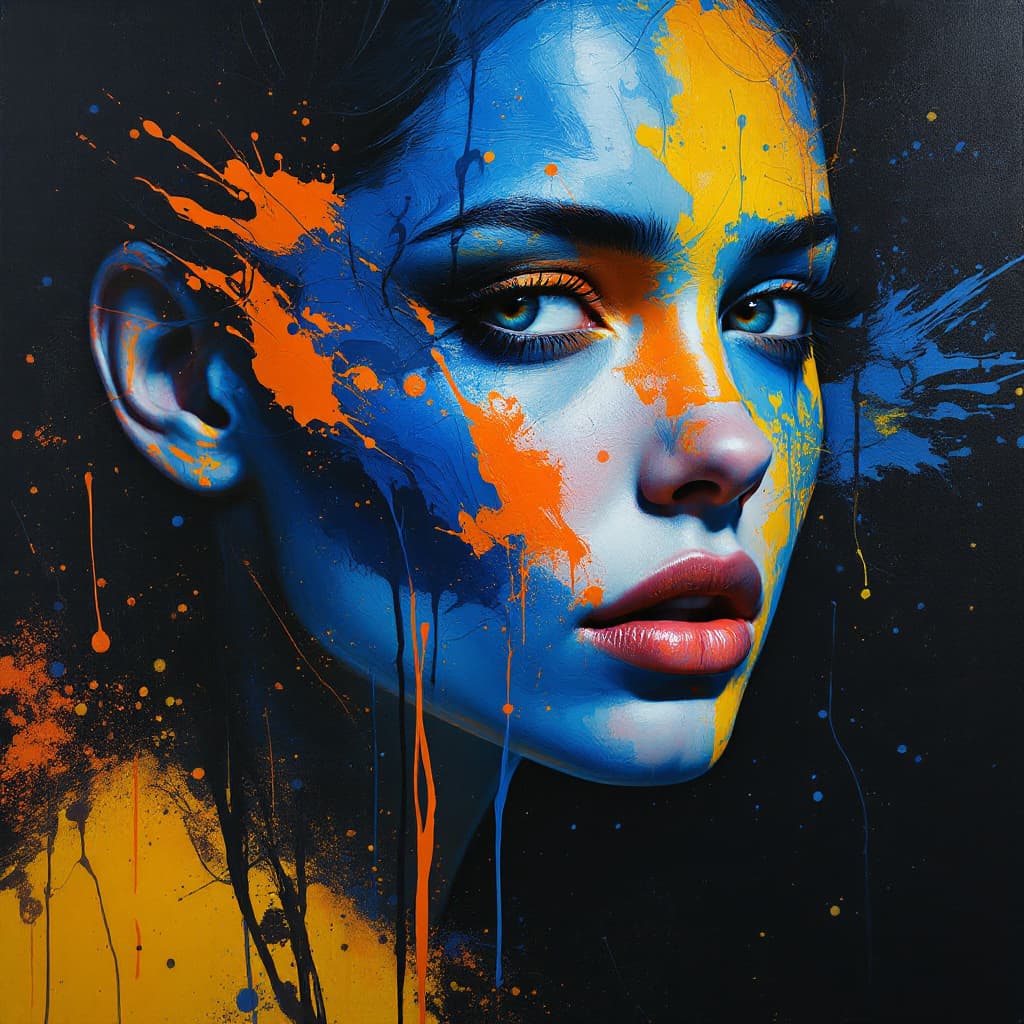 AI generated: [hdr, film ], lifelike textures,
abstract expressionist painting of (blue and orange paint on the fa...