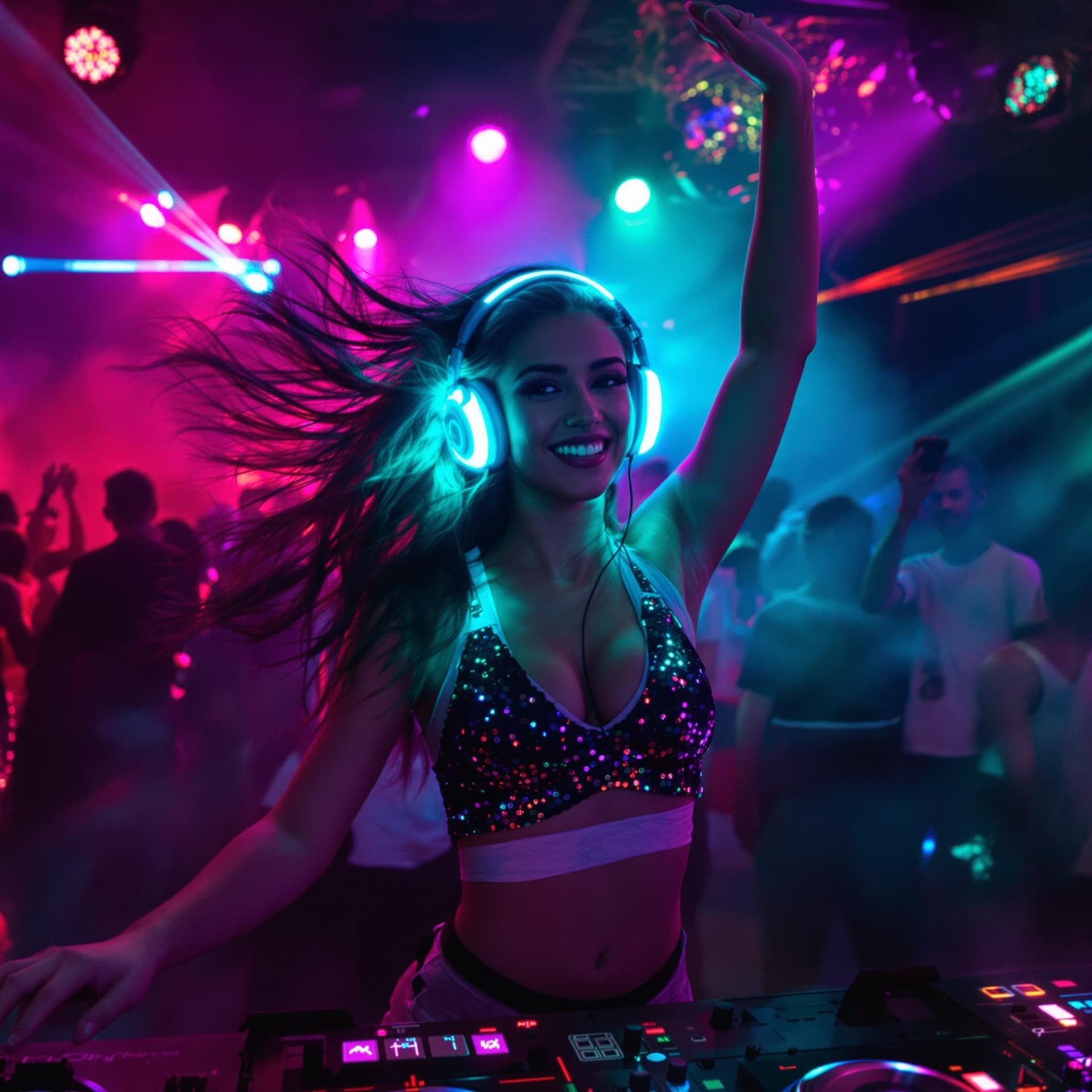 AI generated: A stunning young female DJ dancing in the middle of a neon-lit club, wearing a futuristic sequin cro...