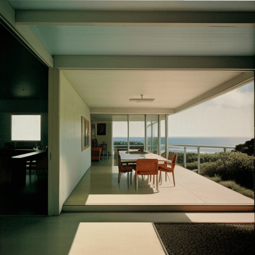 AI generated: Hyper realistic eye level exterior photo of a mid century modern style house overlooking the ocean, ...