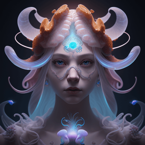 AI generated: Goddess close-up portrait ribcagel. jellyfish phoenix head, nautilus, orchid, skull, betta fish, bio...